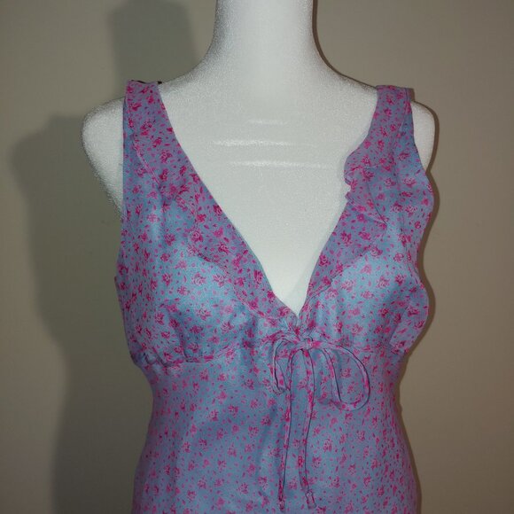 Alice & Trixie 100% Silk Floral Ruffle V-Neck Tie up Front Midi Dress Sz L Blue - Picture 5 of 8